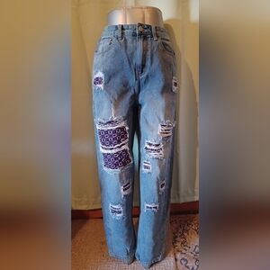 A Shein EZwear Ripped Straight Leg Jeans Purple Print Patches